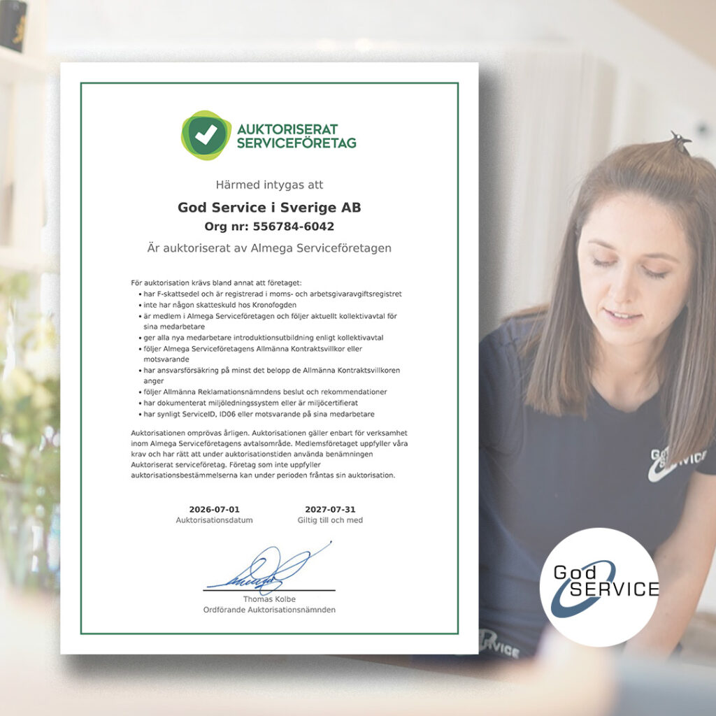 Certifikat för ett Auktoriserat Serviceföretag av Almega för God Service